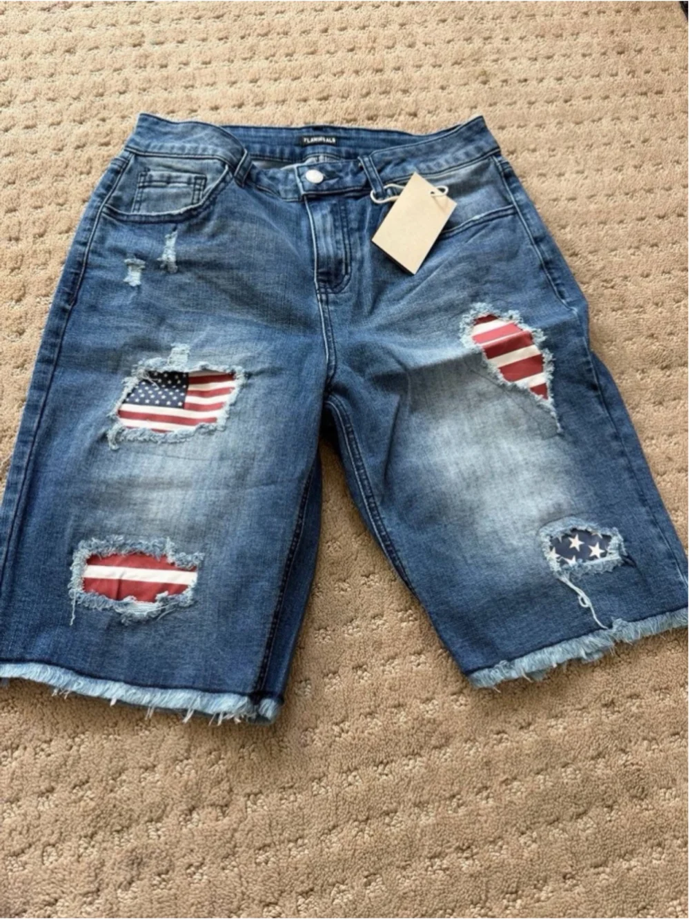 Flamingals Mid Rise Denim Bermuda American Flag Patched Shorts For Women L